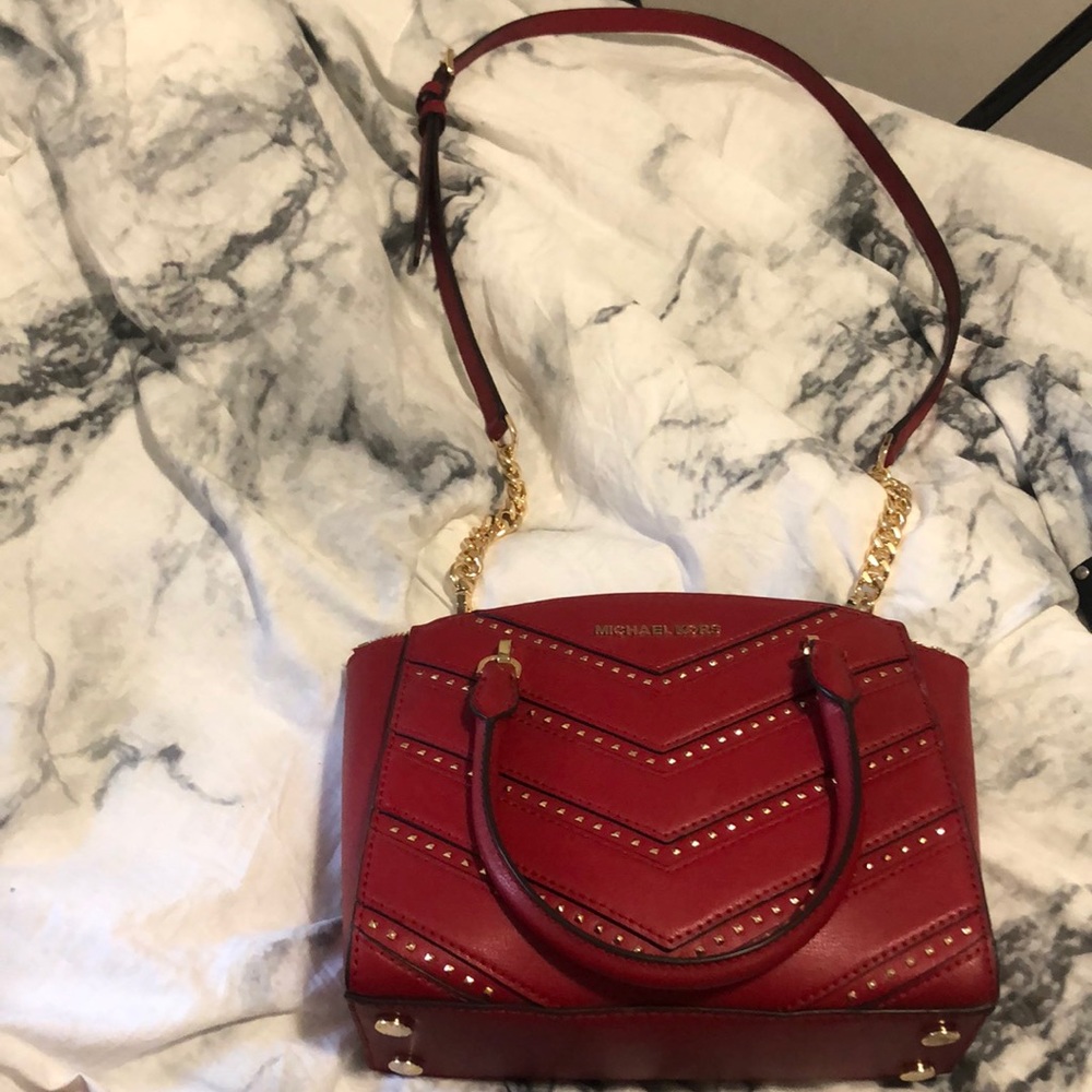 Red Michael Kors Purse with removable gold chain